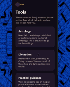 Animated preview of the electional astrology and divination tools in the app.